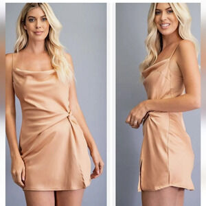 GLAM satin cowl neck Ruched cocktail mini dress In Gold. Size medium. NWT